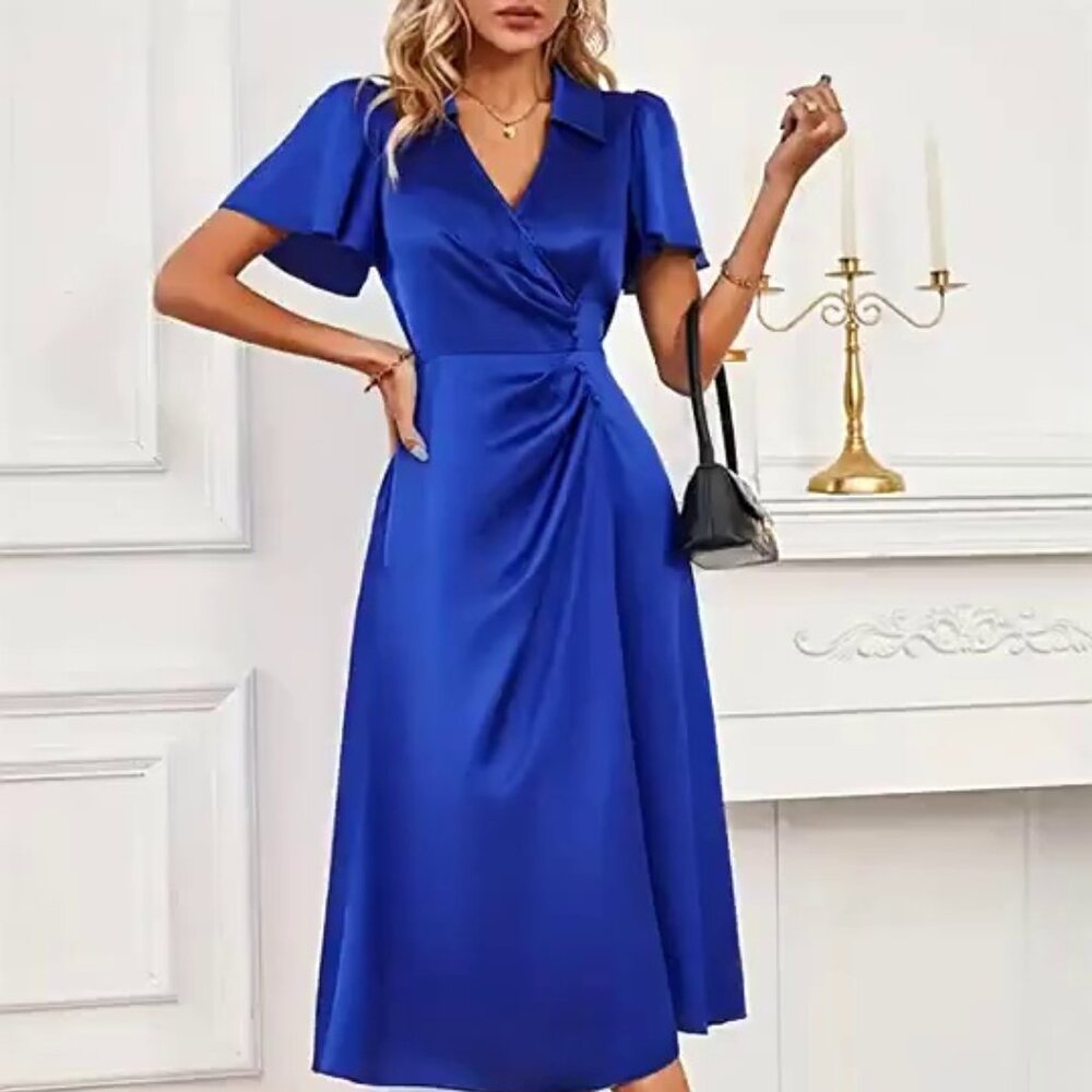 Dress long advanced short sleeve button feeling lotus leaf